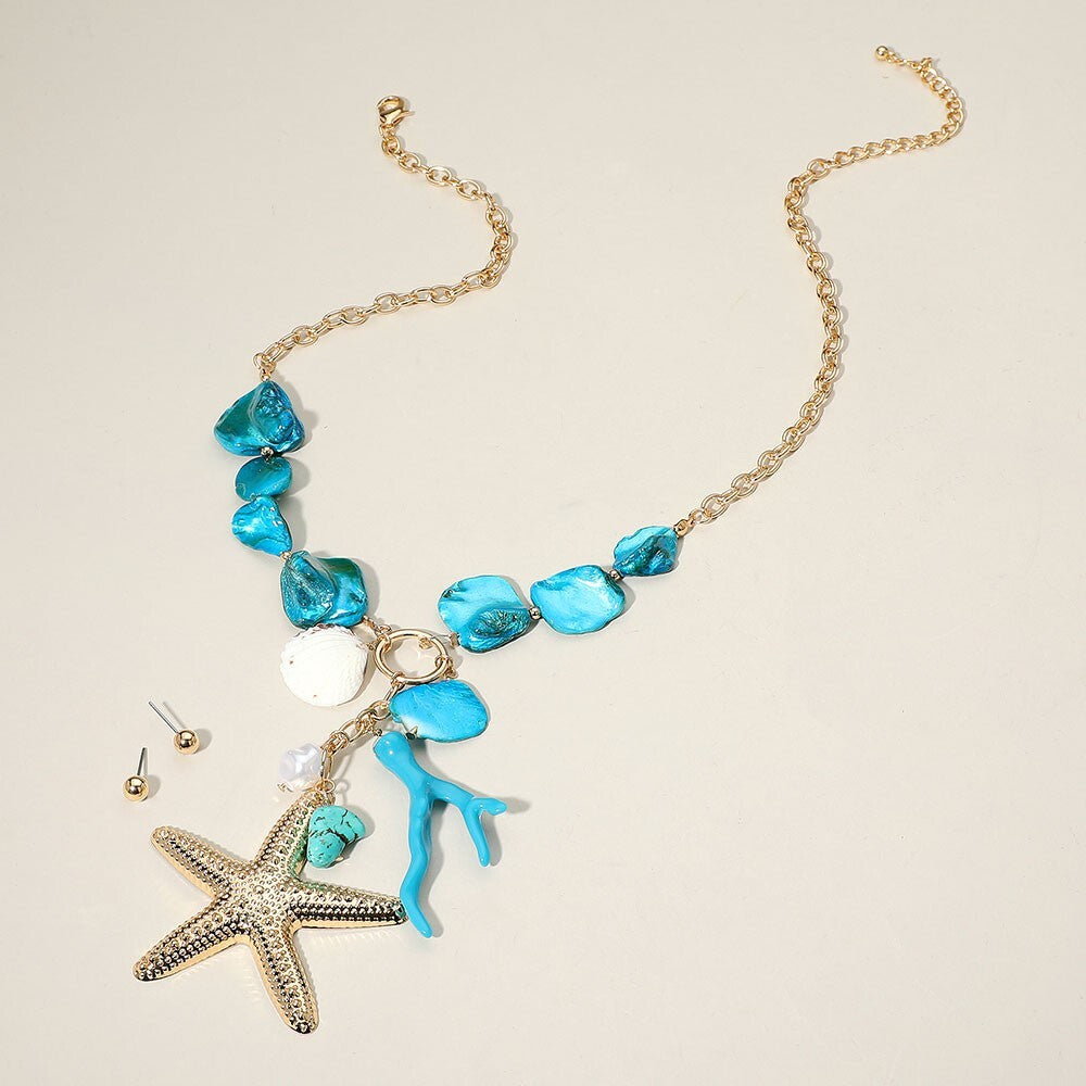 Starfish Coral Pearl Pendant Statement Necklace Beach Jewelry for Women Gift