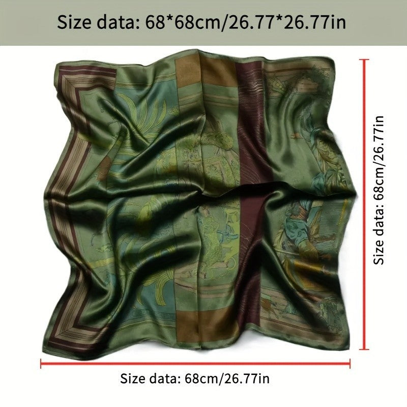 Silky Satin Equestrian Scarf Green Burgundy Horse Print Square Fashion Women