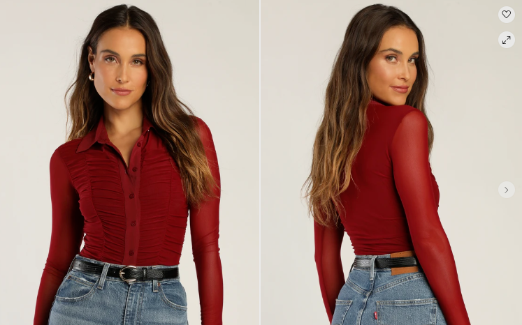 Don't Ruche Love Burgundy Mesh Ruched Long Sleeve Bodysuit for Women Medium