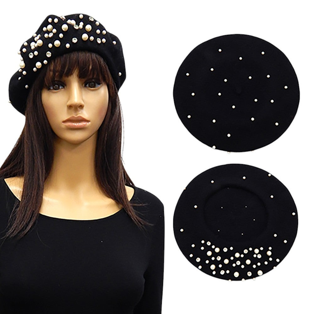 Chic Black Wool Acrylic Beret Faux Pearl Rhinestone French Artist Hat One Size