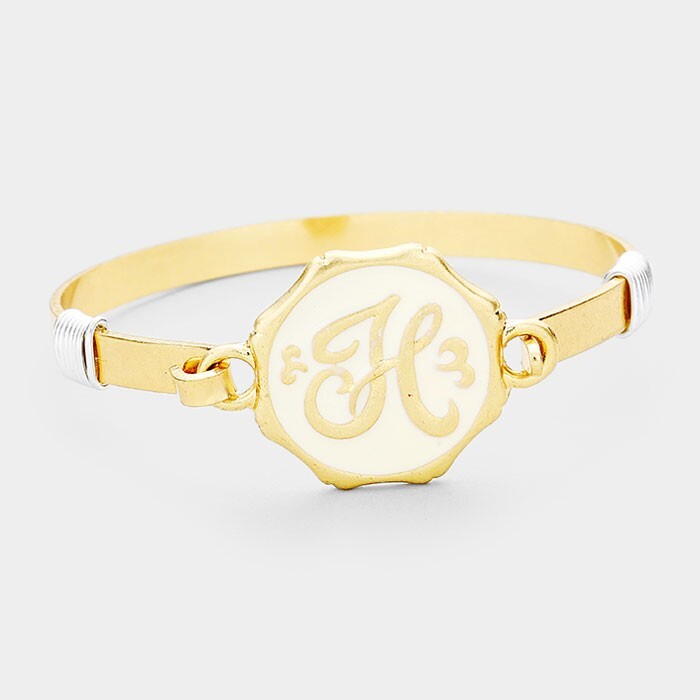 H Initial Acrylic Monogram Disc Hook Bracelet Gold Tone Personalized Jewelry
