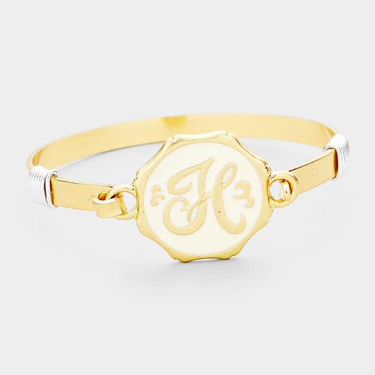 H Initial Acrylic Monogram Disc Hook Bracelet Gold Tone Personalized Jewelry