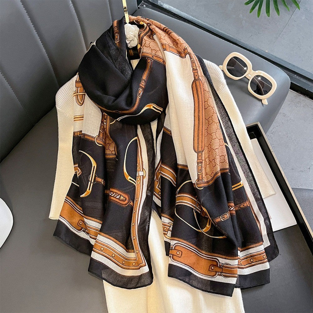 Oversized Women’s Scarf Shawl Wrap Black Tan Gold Belt Buckle Print Fall