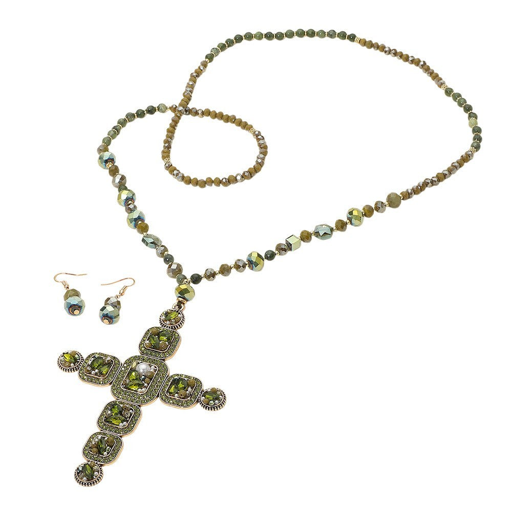 Long Green Beaded Cross Necklace & Dangle Earrings Set Antique Gold Tone