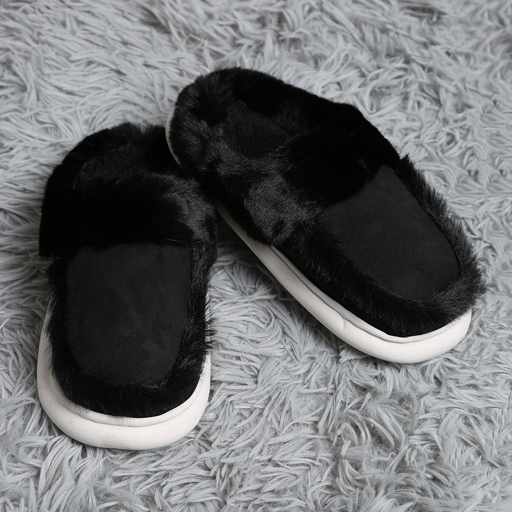 Fluffy Black Slippers Women's Faux Fur Cozy House Shoes Slip-On Indoor S/M
