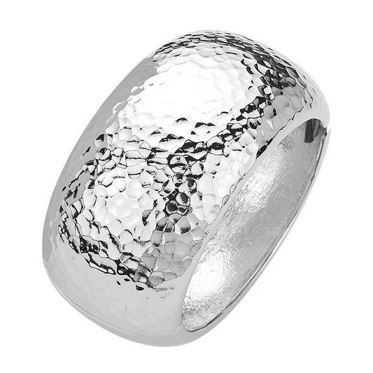 Hammered Metal Wide Dome Hinged Bangle Bracelet for Women Chunky Bracelets