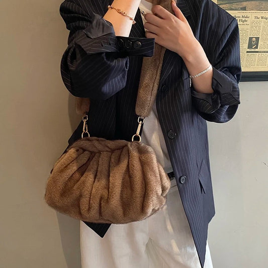 Faux Fur Crossbody Bag Pleated Dumpling Shoulder Purse Fluffy Winter Handbag