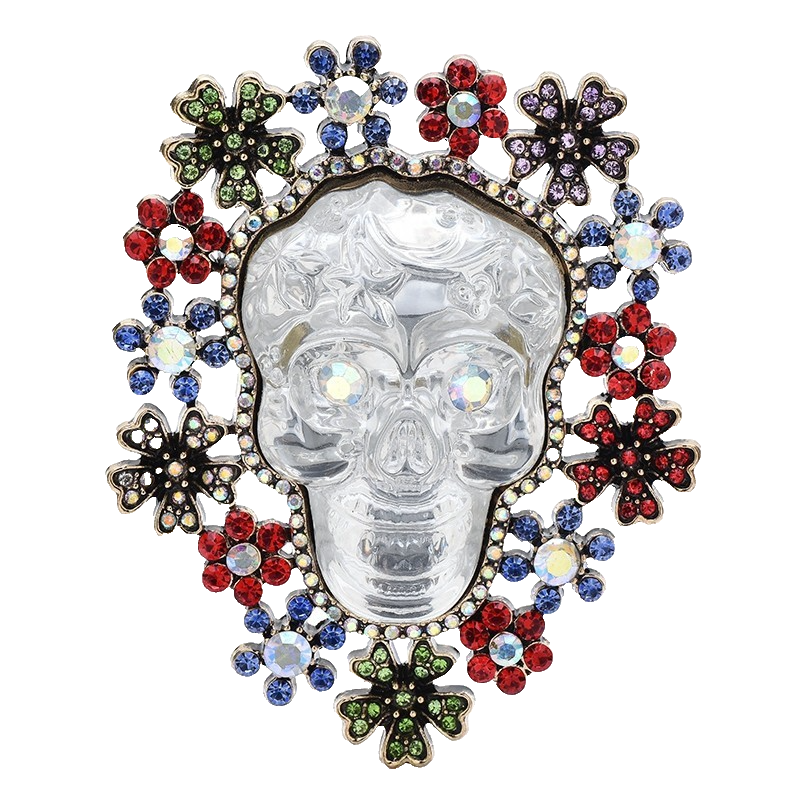 Vintage Large Clear Glass Skull Flower Brooch Pin Rhinestone Gothic 3.03"