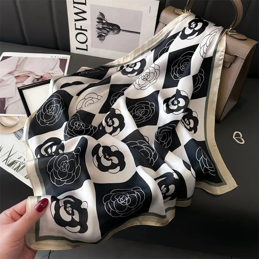 Luxury B&W Rose Print Square Scarf Satin Silk Feeling Elegant Hair Bag Accessory