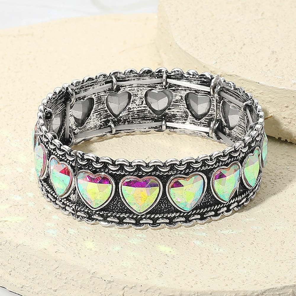 Antique Metal Boho Heart Stone Stretch Bracelet Vintage Style Fashion Jewelry