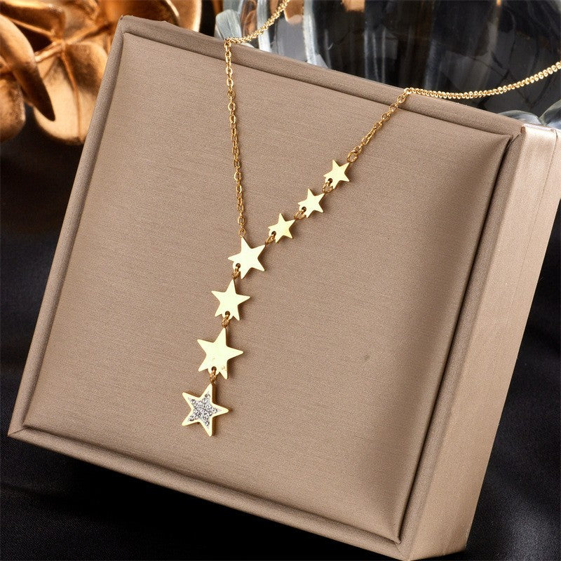 Dainty Gold Cascading Star Necklace Rhinestone Celestial Y-Shape Charm Jewelry