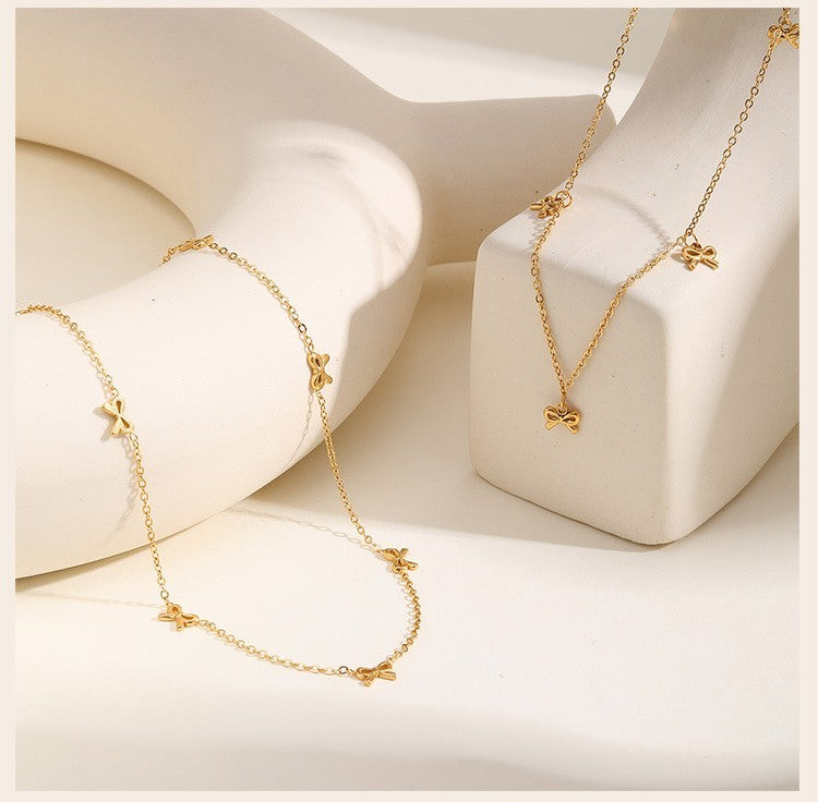 Women’s Bow Charm Necklace Stainless Steel Thin Chain Choker Jewelry Gold Tone