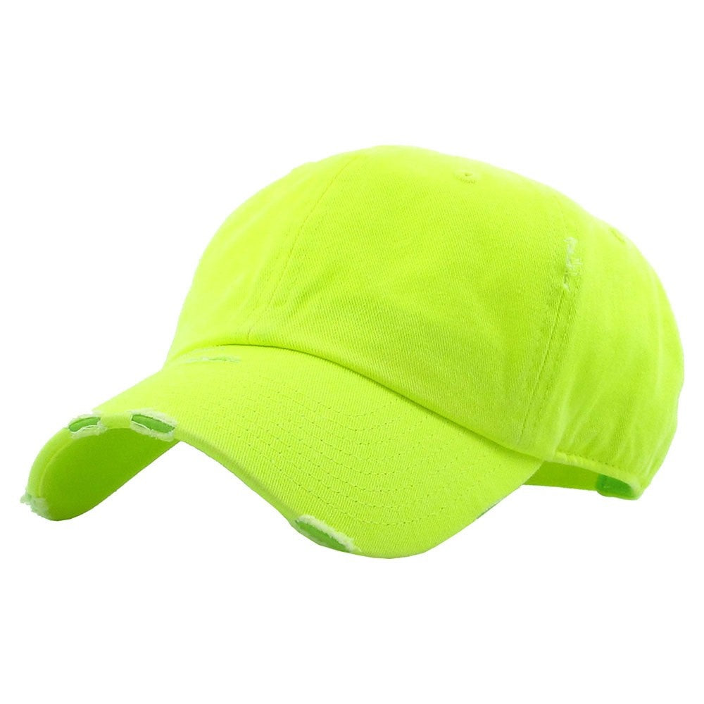 Distressed Neon Yellow Ponytail Baseball Cap Adjustable High Bun Cotton Hat
