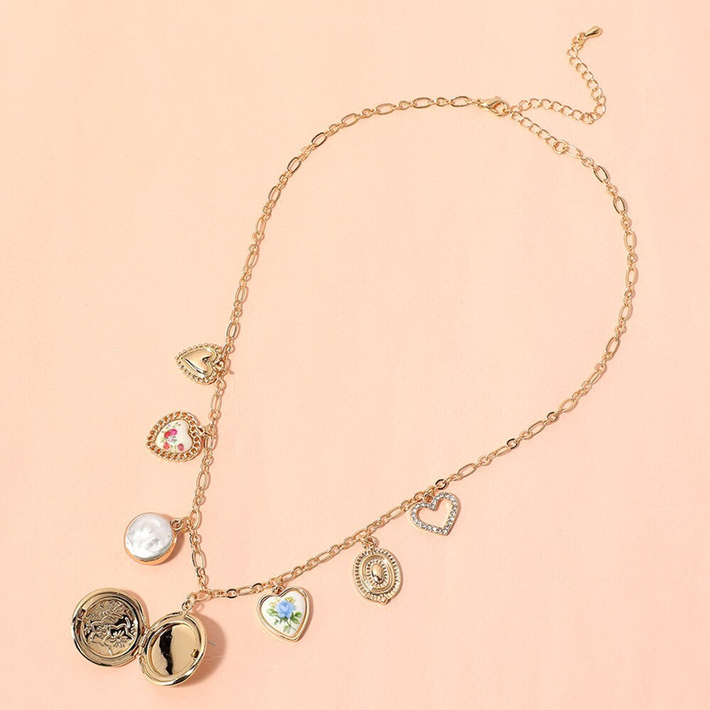 Women's Heart Charm Station Necklace Metal Locket Pearl Bezel Ceramic Floral