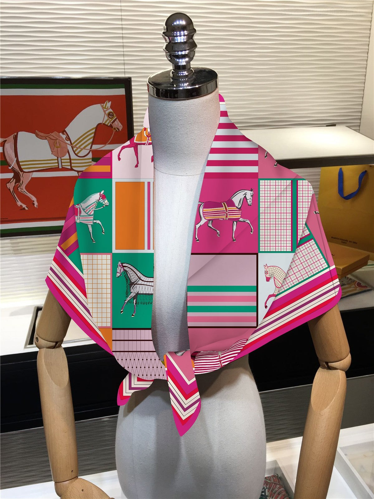Equestrian Horse Print Scarf 90cm Pink Green Square Neck Head Wrap Bandana