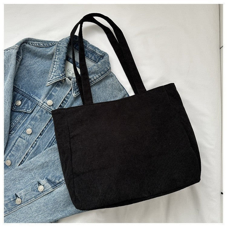 Black Corduroy Tote Bag Shoulder Handbag Casual Shopper Bag