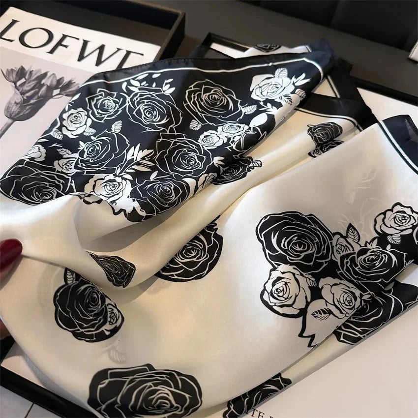 Luxury B&W Rose Print Square Scarf Satin Silk Feeling Elegant Hair Bag Accessory