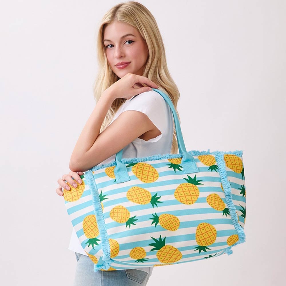 Pineapple Print Striped Canvas Tote Bag with Frayed Trim & Shoulder Straps