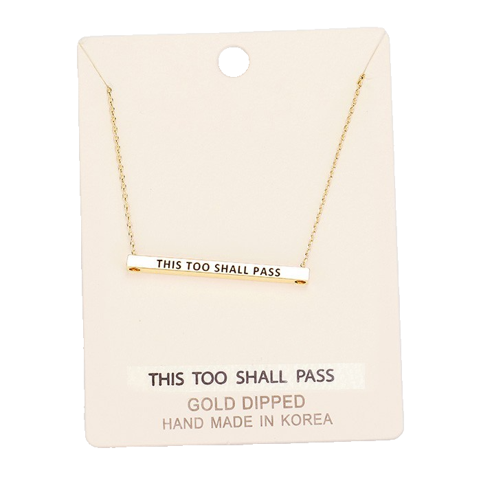 Gold Tone Bar Necklace Engraved THIS TOO SHALL PASS Pendant Inspirational Gift