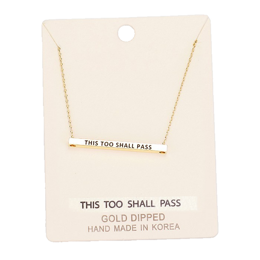 Gold Tone Bar Necklace Engraved THIS TOO SHALL PASS Pendant Inspirational Gift