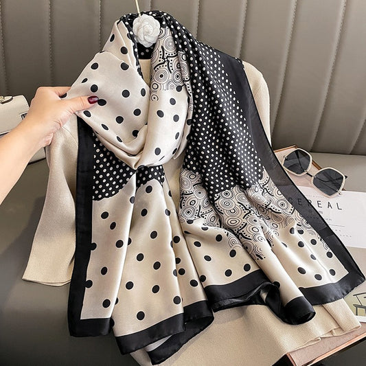 Polka Dot Silk Feel Scarf Black Cream Geometric Print Shawl Wraps & Scarves