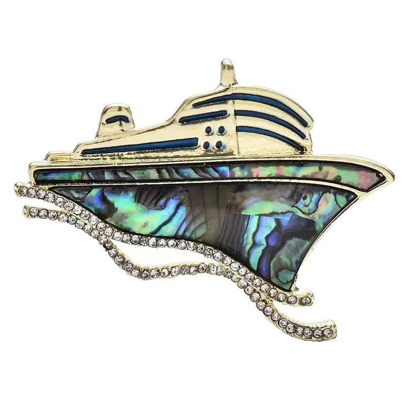 Abalone Shell Cruise Ship Brooch Rhinestone Nautical Boat Vacation Pin