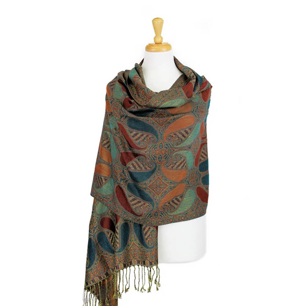 2-Piece Set: Oversized Teal & Brown Paisley Pashmina Scarf Shawl Wrap Gift