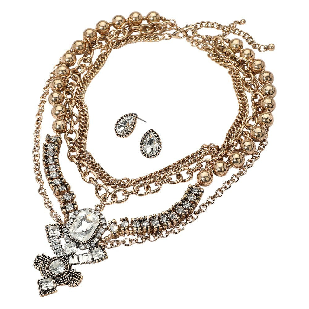 2pcs Gold-Tone Statement Jewelry Set Rhinestone Pendant Necklace & Stud Earrings