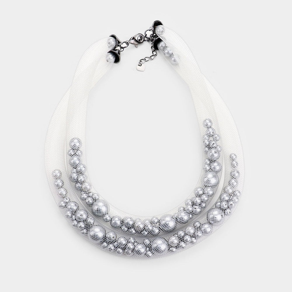 Double Mesh Tube Pearl Collar Necklace Choker Statement Jewelry for Women