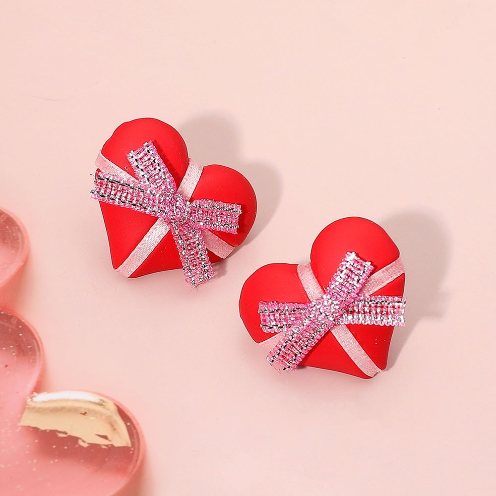 Glittery Gift Ribbon Wrapped Polymer Heart Shaped Stud Earrings For Women Red
