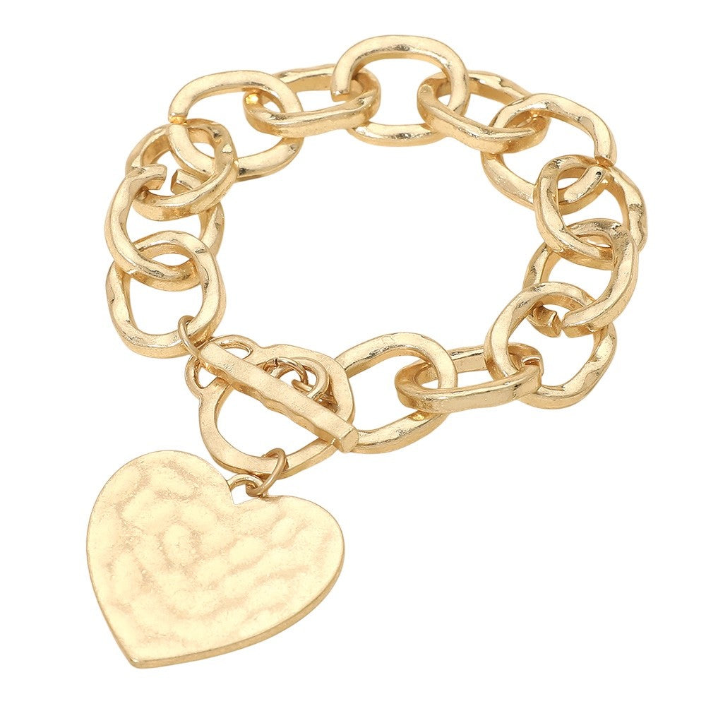 Gold Tone Hammered Heart Charm Toggle Clasp Link Bracelet Fashion Jewelry
