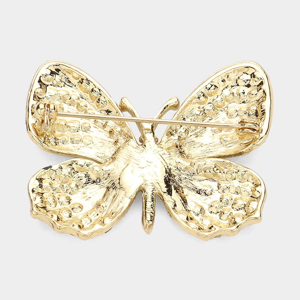 Gold Tone Pave Rhinestone Butterfly Brooch Pin Statement Jewelry - 1.75" x 1.5"