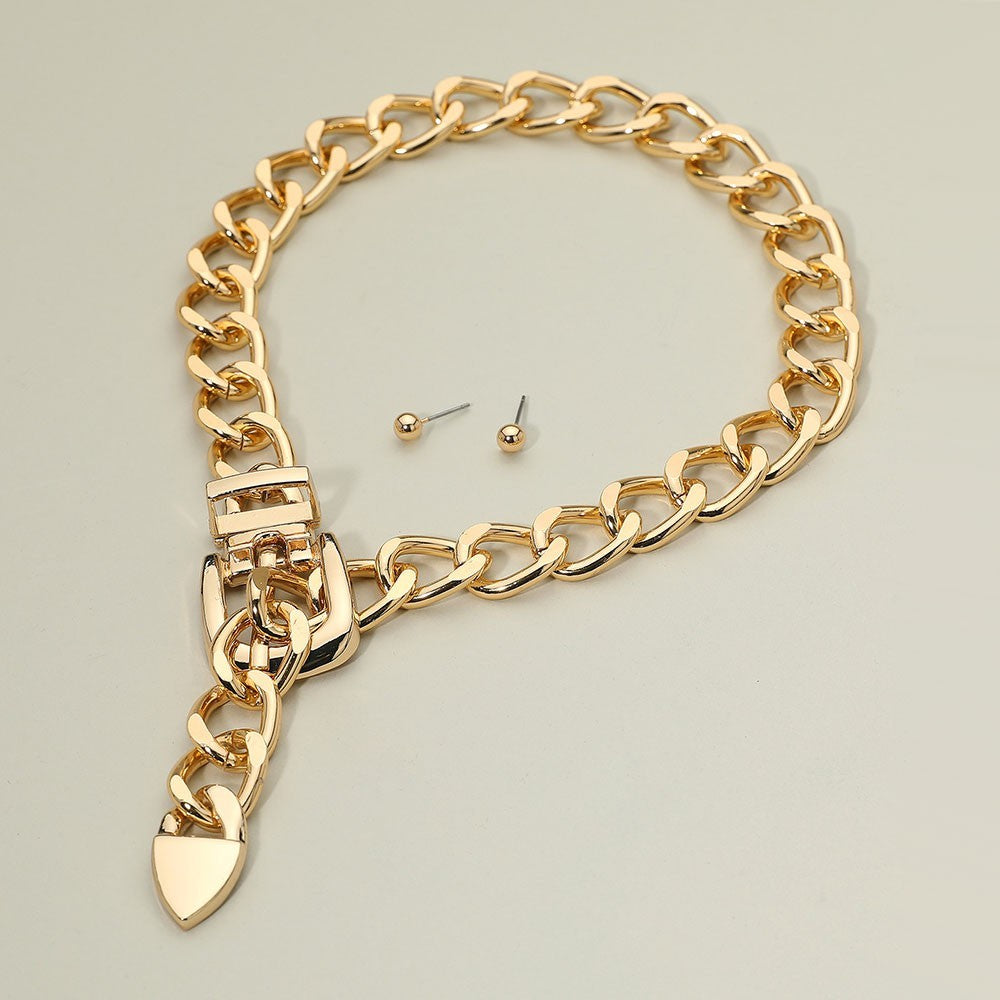 Gold Tone Chunky Belt Buckle Choker Chain Necklace & Stud Earrings Set for Women