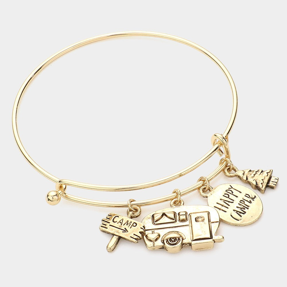 Happy Camper Gold Charm Bangle Bracelet Camping Theme Jewelry Gift
