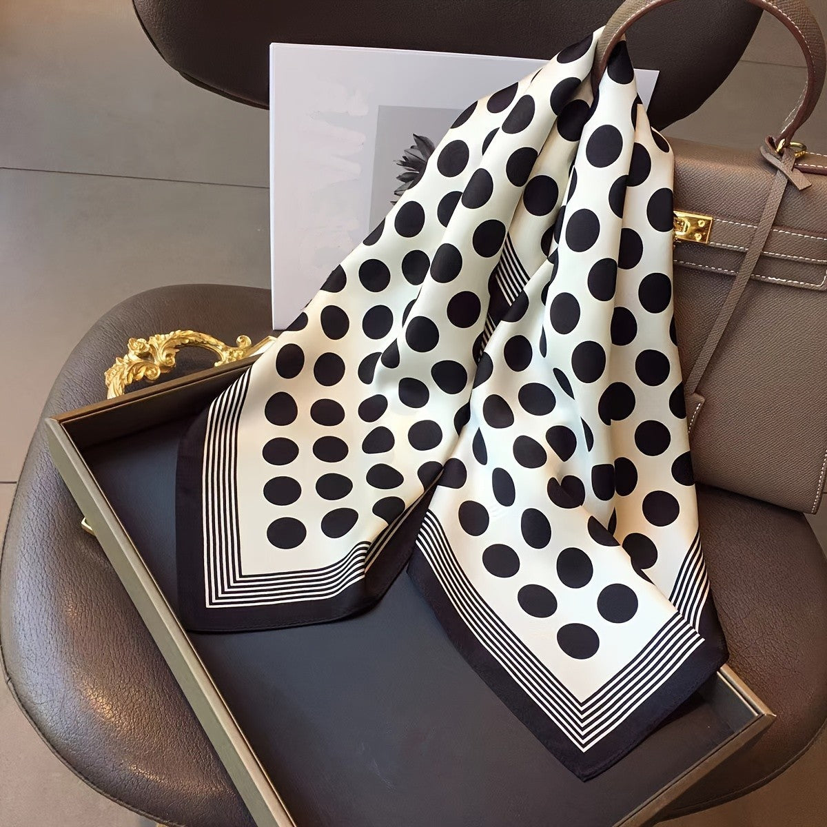 Elegant Black & White Polka Dot Satin Square Scarf   27 Inch Silky Feel Scarvves