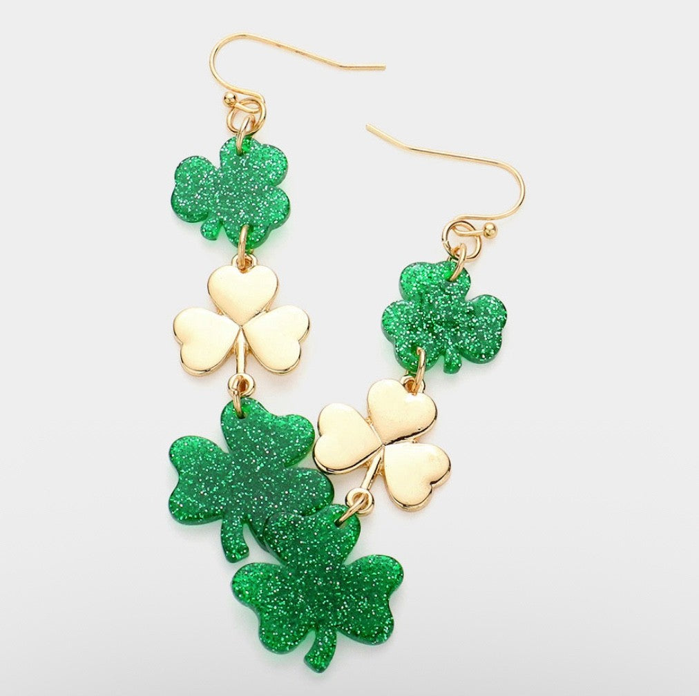 St. Patrick’s Day Green Glitter and Gold Clover Shamrock Dangle Charm Earrings