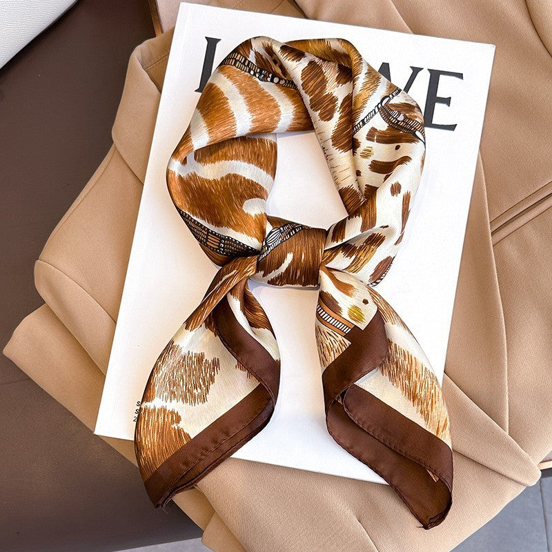 Women’s Square Scarf Silk Feel Brown Giraffe Print Trendy Fashion Wrap 27X27 In