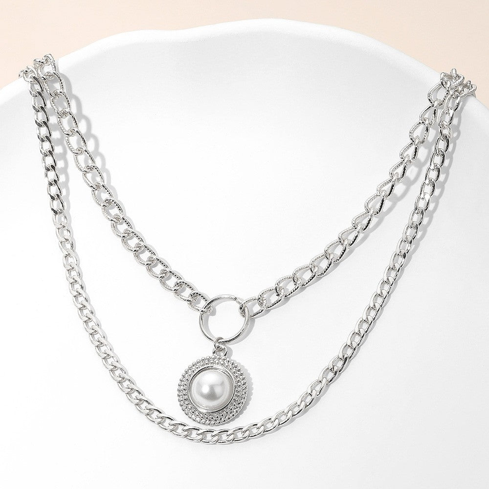 Silver  Layered Chain Necklace Faux Pearl Pendant Cubic Zirconia Stack Jewelry