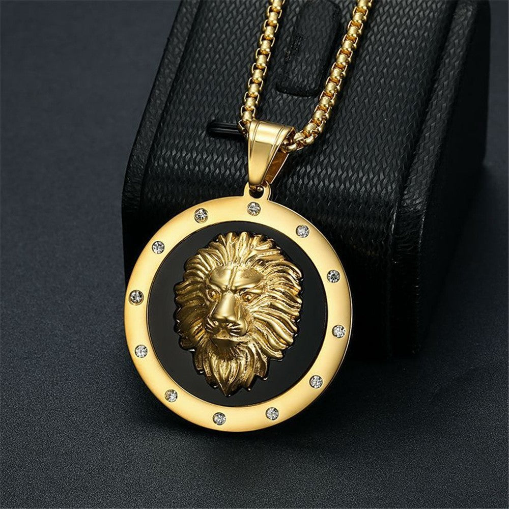Gold Lion Head Medallion Pendant Necklace for Men Stainless Steel Chain 24.8in