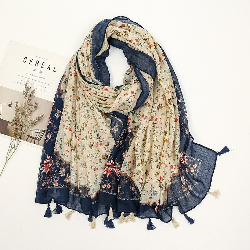 Boho Floral Print Tassel Shawl Scarf for Women Cotton Blend Wrap Navy Cream