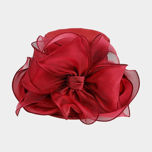 Detachable Bow Detailed Brim Organza Dressy Hat for Women's Burgundy 23"