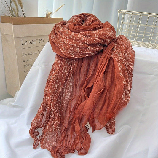 Burnt Orange Floral Crinkle Scarf Shawl Wrap | Lightweight Oversized Summer Fall