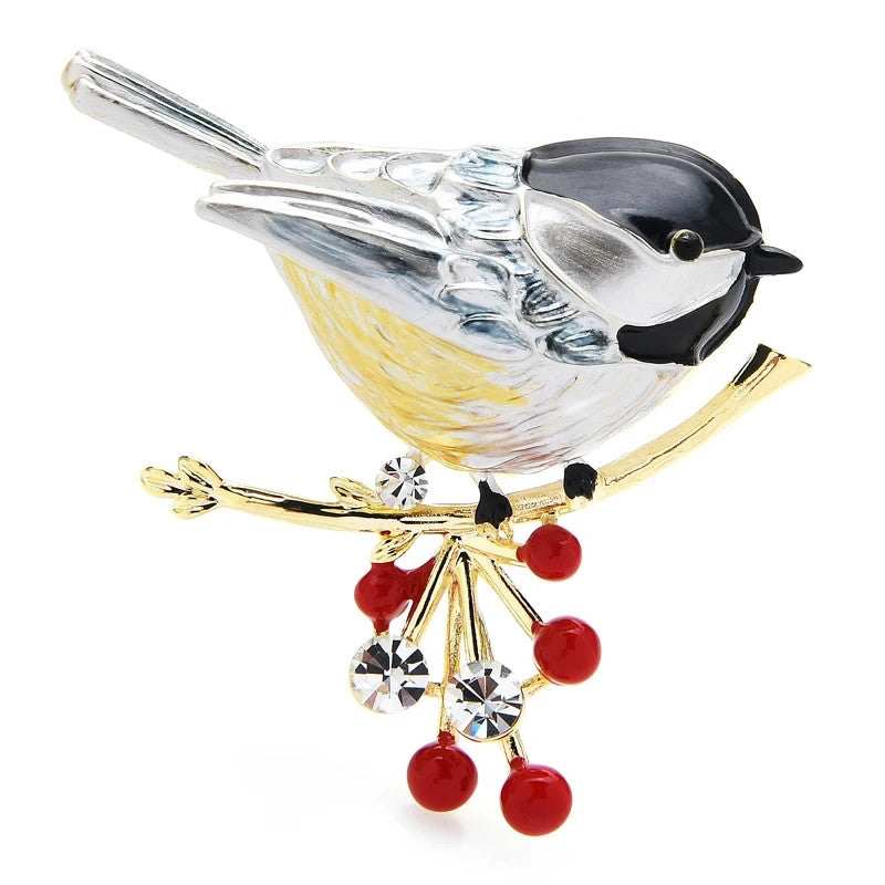 Vintage Style Bird Pins 2-in-1 Set Red Breast Winter Brooch Crystal Rhinestone