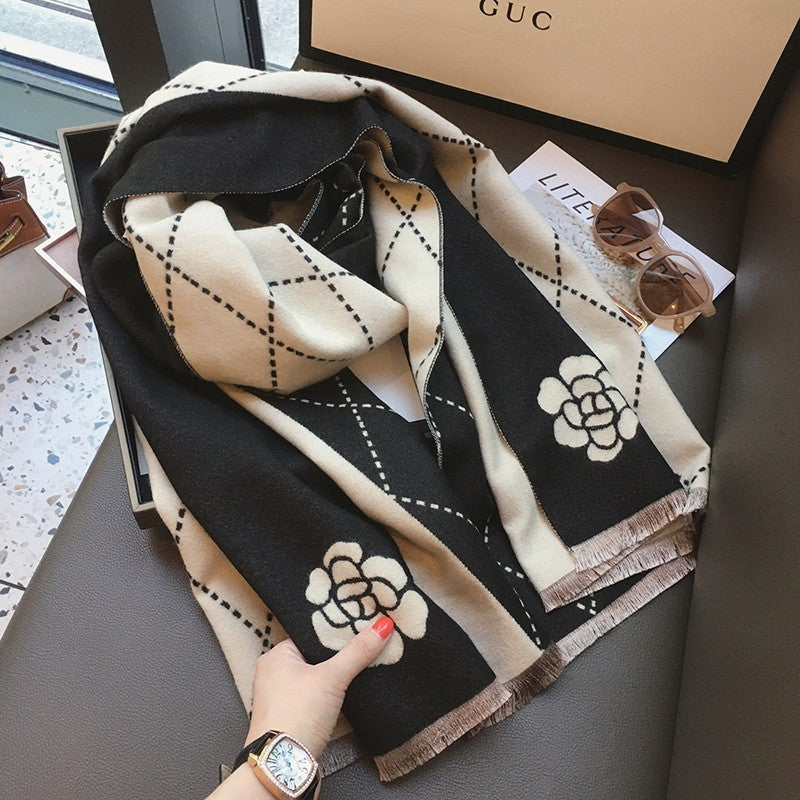 Women Camellia Flower Scarf Cashmere Feel Shawl Wrap Black Beige Grid Winter