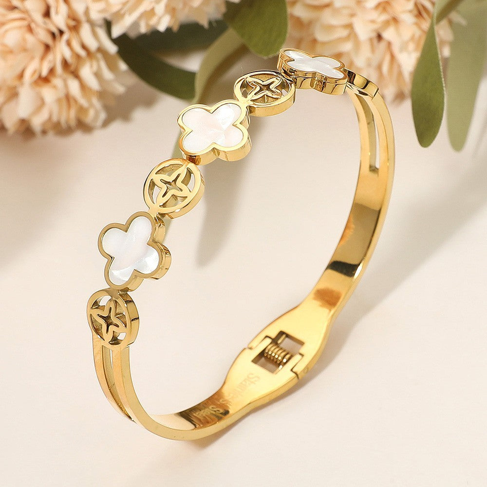 Golden Clover Bangle Mother of Pearl Stainless Steel Bracelet