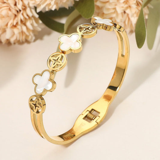 Golden Clover Bangle Mother of Pearl Stainless Steel Bracelet