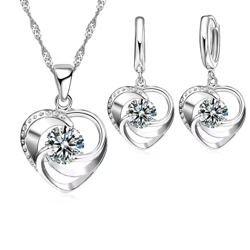 Heart-Shaped 925 Sterling Silver Long Chain Necklace Earrings Set For Women