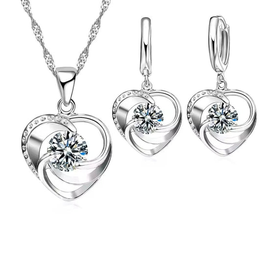 Heart-Shaped 925 Sterling Silver Long Chain Necklace Earrings Set For Women
