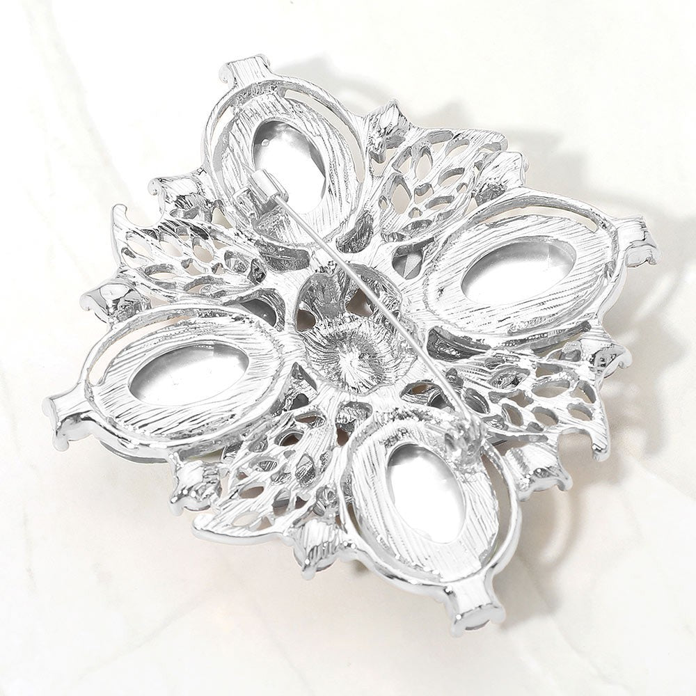 Vintage Silver Tone Ornate Detailing Faceted Aqua Rhinestone Floral Pin Brooch