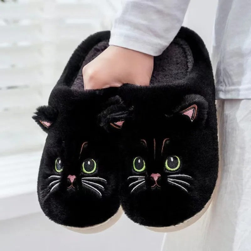 Black Cat Fuzzy Slippers US 7.5-8.5 Warm Indoor House Shoe Anti-Slip Sole